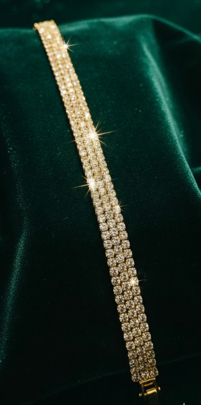 GOLDEN THREE-ROW DIAMOND GOLD-PLATED BRASS BRACELET FOR WOMEN